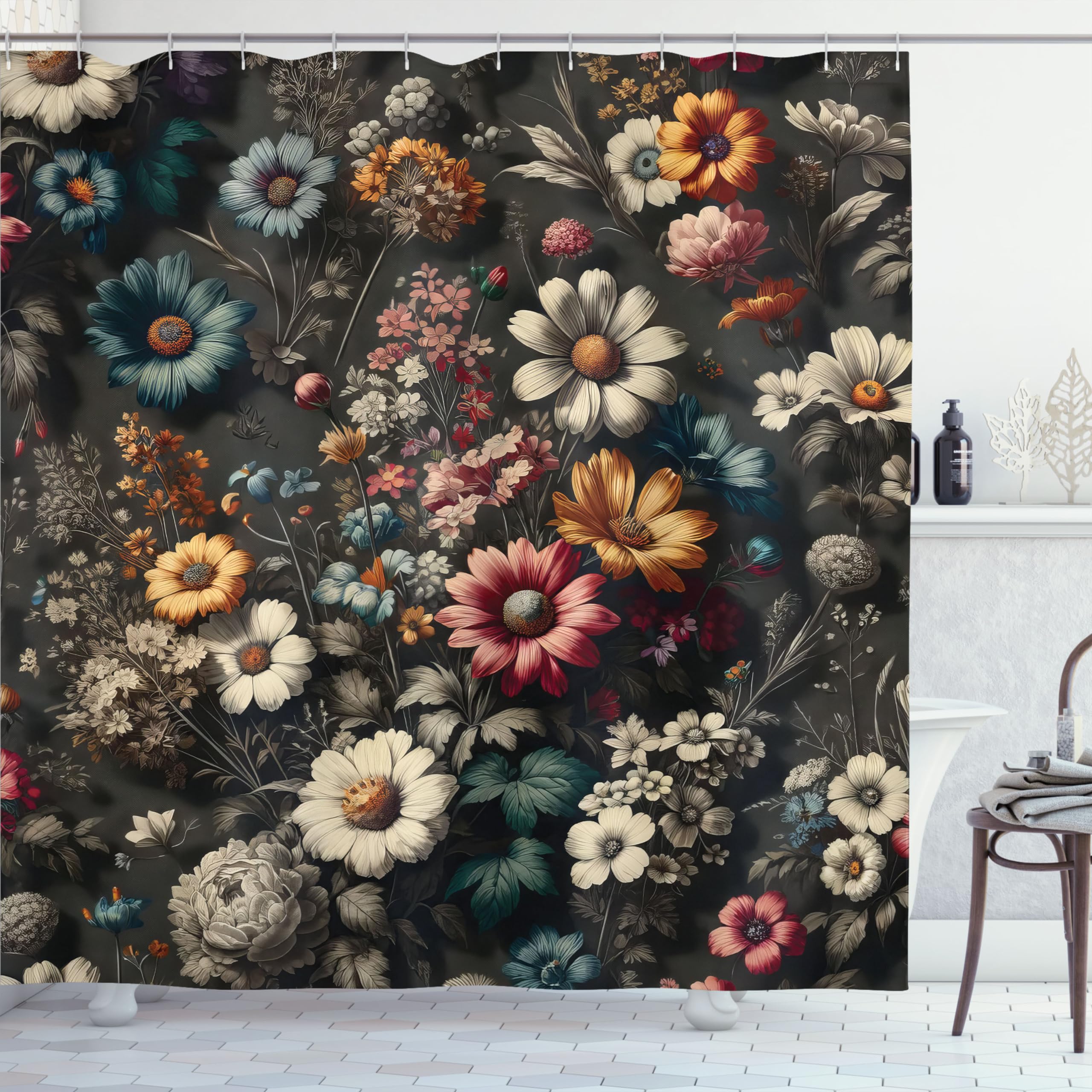 Ambesonne Floral Shower Curtain, Futurist Garden Flowery Atmosphere With Gentle Petals On Greyish Back, Cloth Fabric Bathroom De